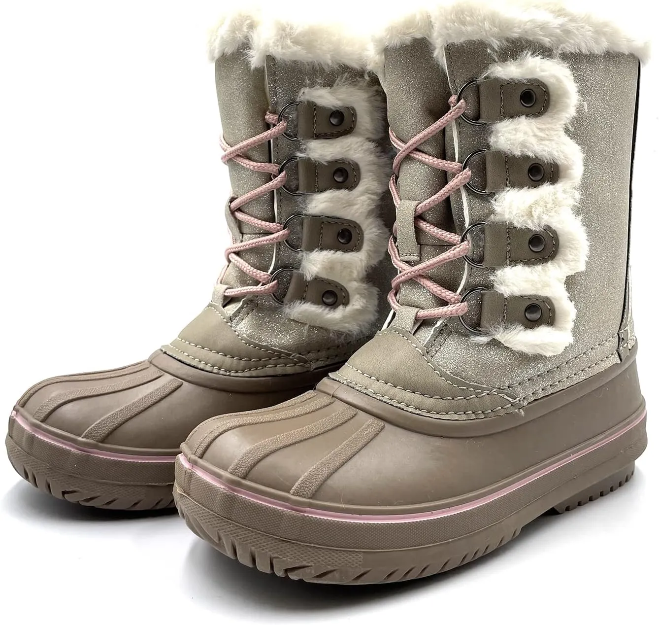 Warm Little Kids Snow Boots Pink Glitter Girls Snow Boots Waterproof Youth Snow Boots For Girls Slip Resistance Big Kids Snow Boots Faux Fur Insulated Lace-up Winter Boots…