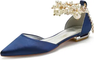 Wedding Bridal Shoes Beaded Ankle Strap Low Heels Women's Pumps Pointed Toe Closed Toe Sandal 2CM High Heels Satin Flats Elegant Formal,Dark blue,9