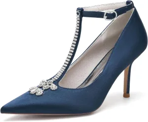 Wedding Bridal Shoes Summer Shoes Women High Heels T Strap Satin Pumps Pointed Toe Dress Shoes Wedding Shoes 8.5Cm