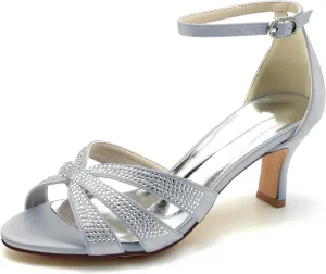 Wedding Bridal Shoes Women Sandals Peep Satin Open Toe Low Heel Ankle Strap Dress Shoes Womens Pumps Party Heels 6.5Cm,Silver,9