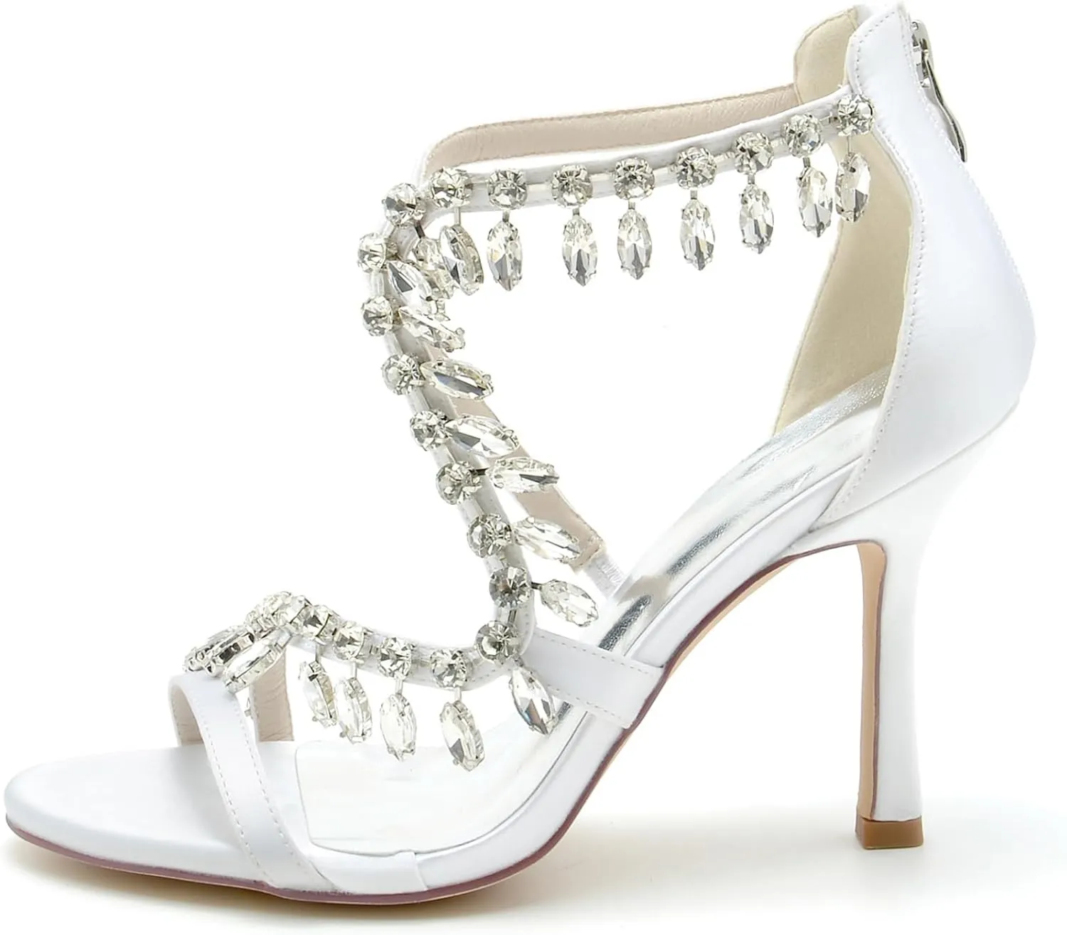 Wedding Bridal Shoes Womens Heeled Sandals Ankle Strap Buckle Open Toe Crystal Tassels High Stiletto Heel Pump Dress Party Shoes9.5Cm