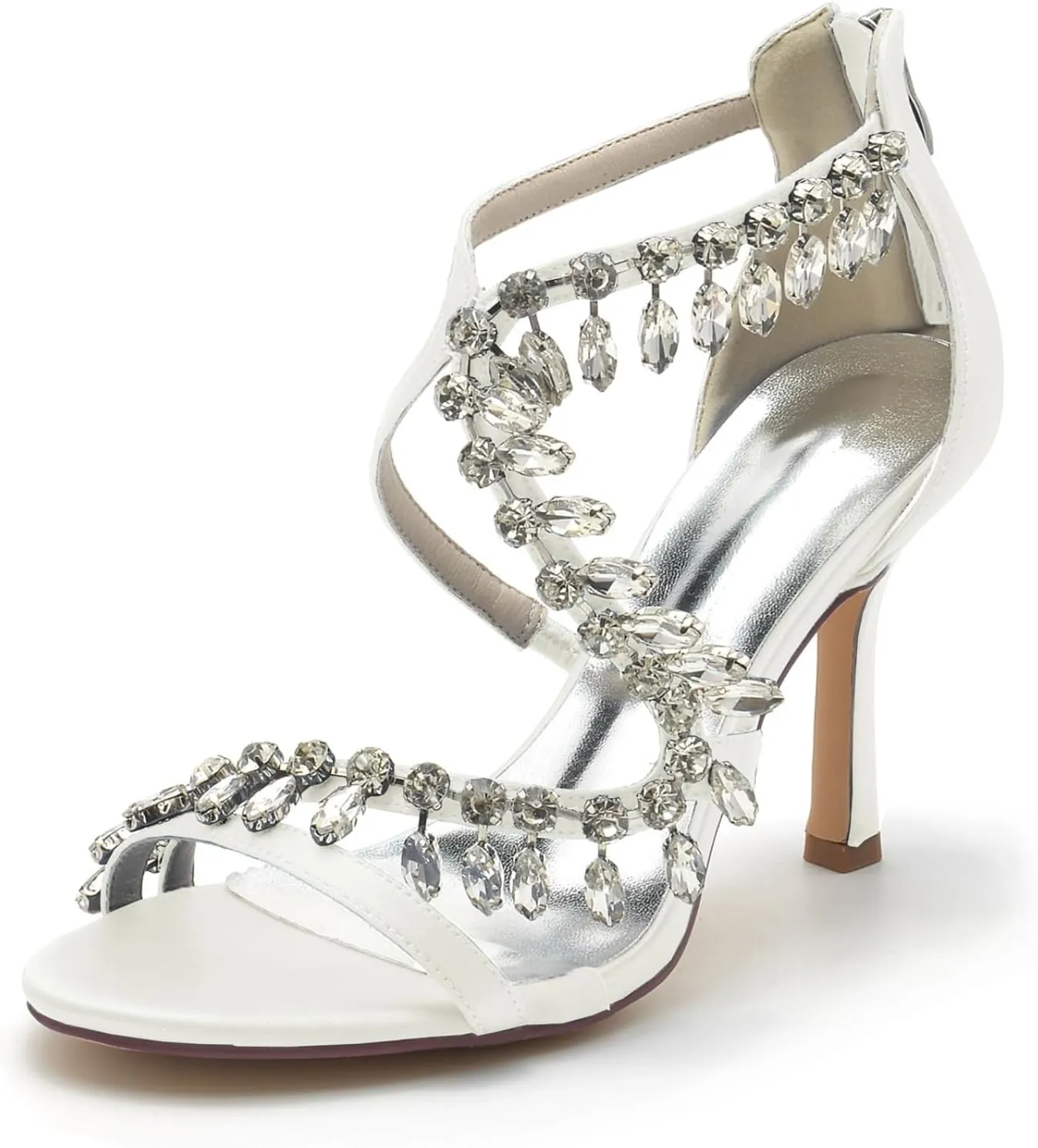 Wedding Bridal Shoes Womens Heeled Sandals Ankle Strap Buckle Open Toe Crystal Tassels High Stiletto Heel Pump Dress Party Shoes9.5Cm