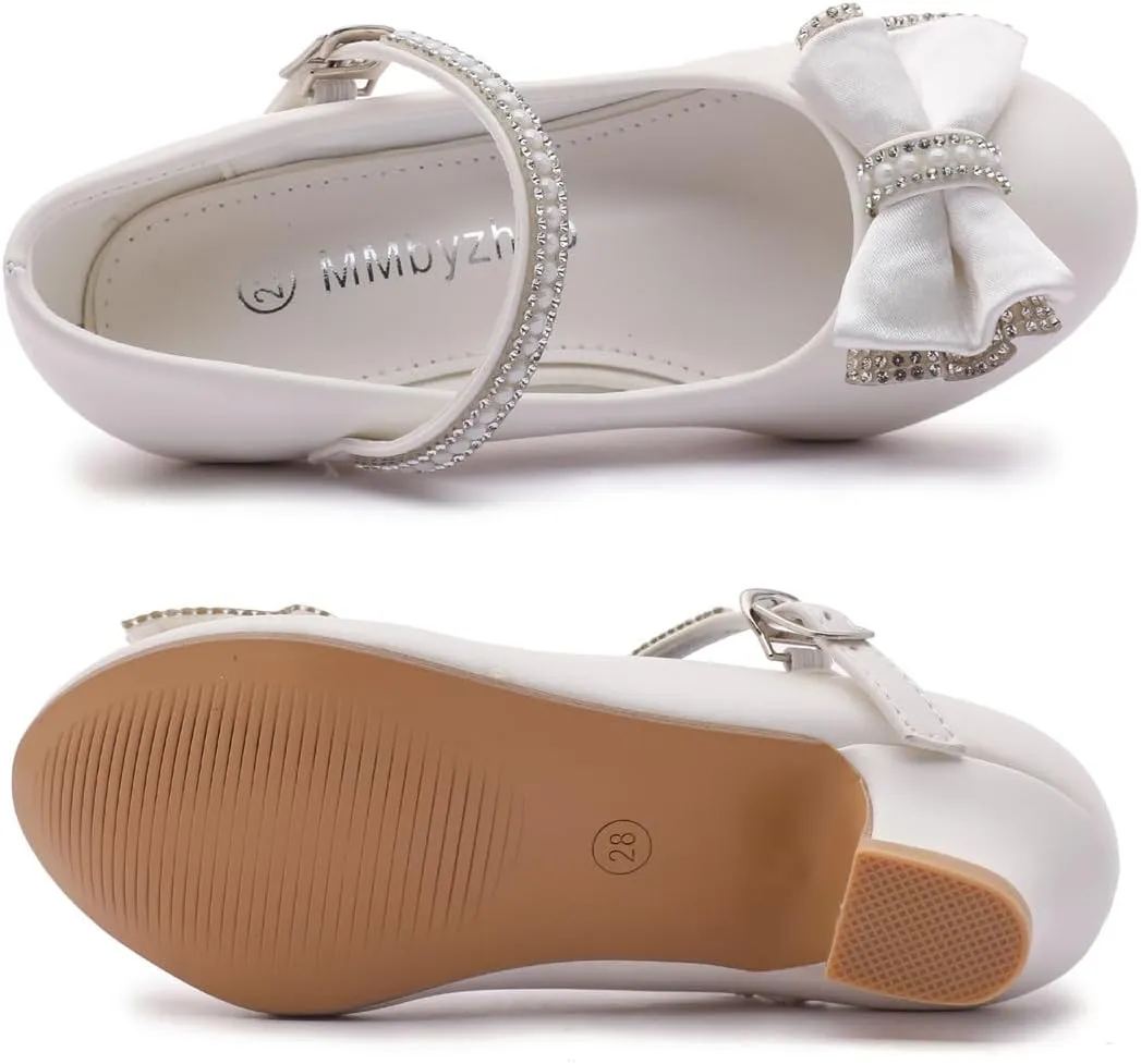 White Flower Girl Shoes Kids High Heels Mary Jane Flats Pearl Girls Dress Shoes for Wedding Church Party Little Big Kids