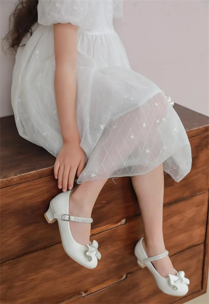White Flower Girl Shoes Kids High Heels Mary Jane Flats Pearl Girls Dress Shoes for Wedding Church Party Little Big Kids