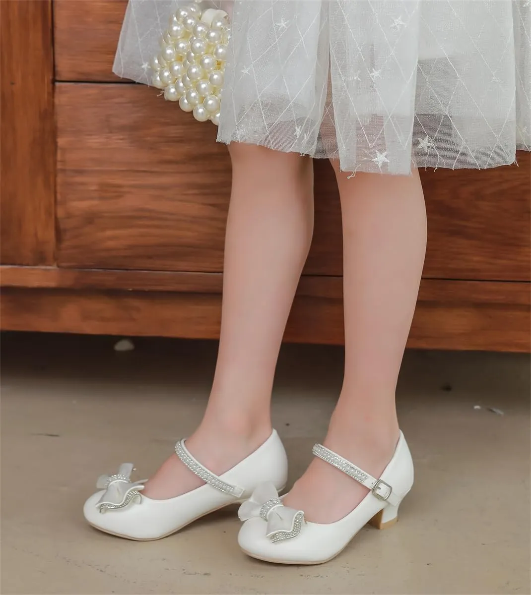 White Flower Girl Shoes Kids High Heels Mary Jane Flats Pearl Girls Dress Shoes for Wedding Church Party Little Big Kids