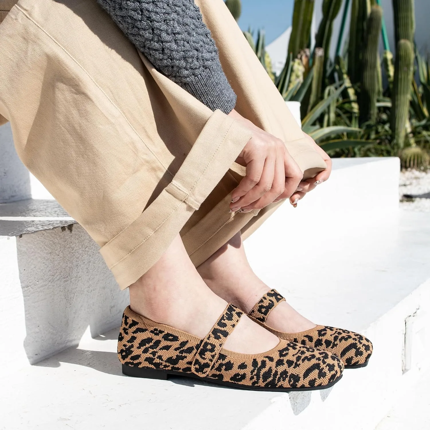 Wide Toe Box Flats Women Comfort Slip On Ballet Shoes Mary Jane Dressy Knit Flats with Adjustable Straps Washable Casual Office