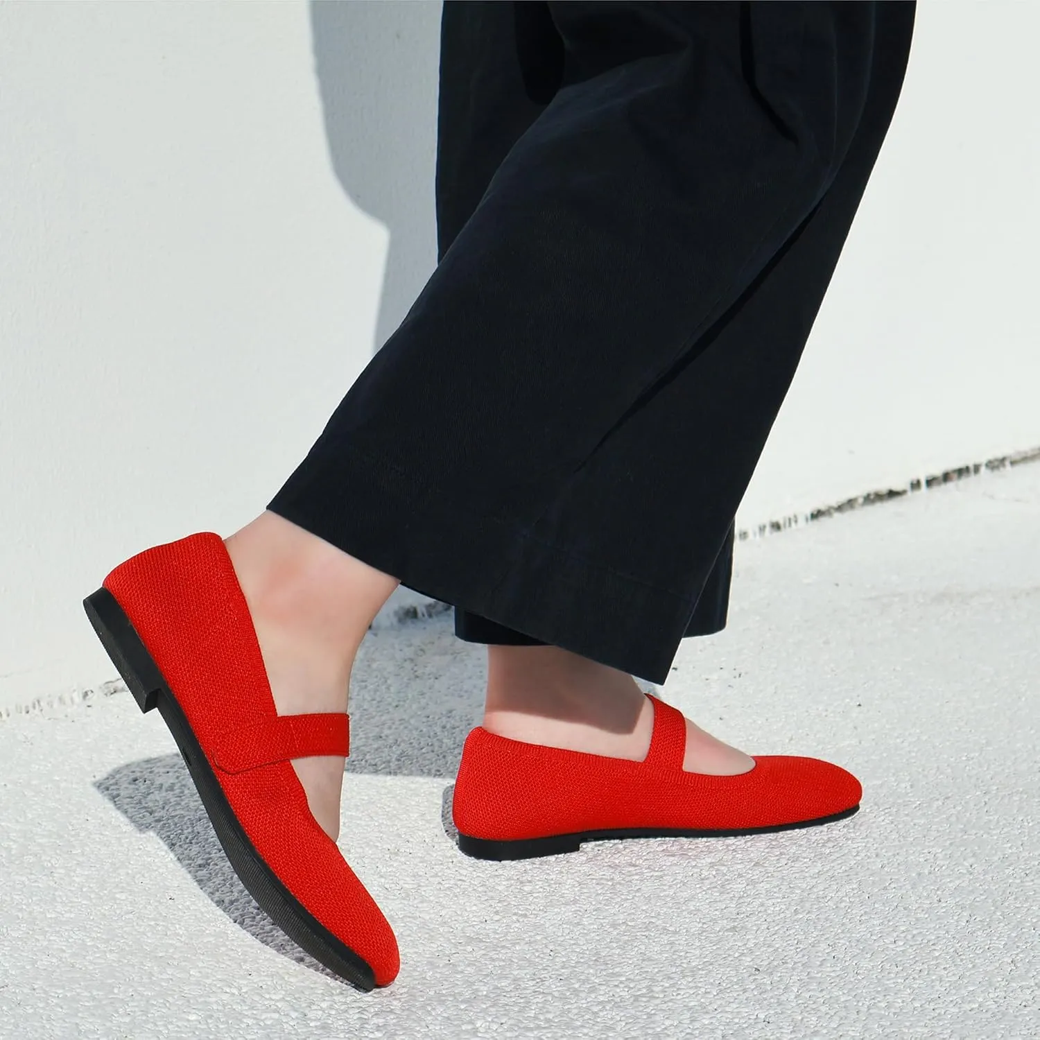 Wide Toe Box Flats Women Comfort Slip On Ballet Shoes Mary Jane Dressy Knit Flats with Adjustable Straps Washable Casual Office