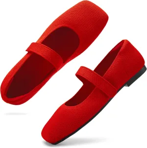 Wide Toe Box Flats Women Comfort Slip On Ballet Shoes Mary Jane Dressy Knit Flats with Adjustable Straps Washable Casual Office