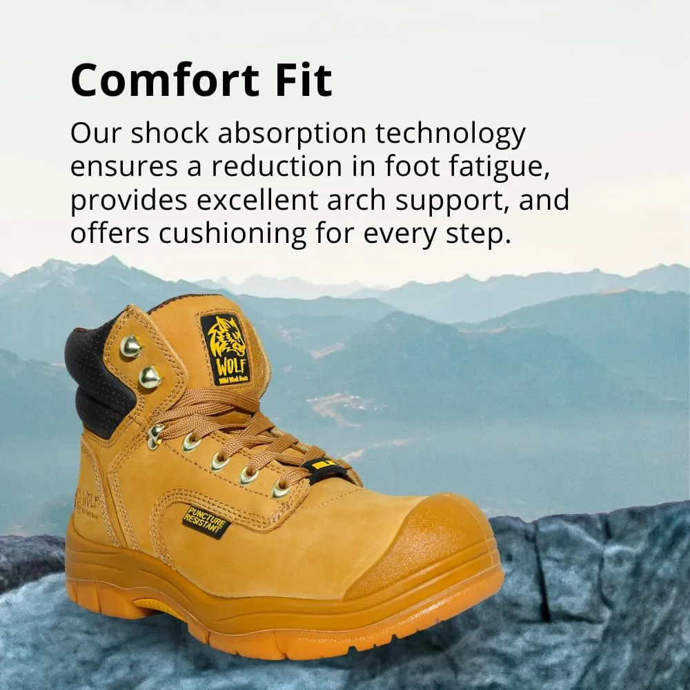 Wolf Work Boot | 100% Genuine Upper Leather | Oil, Heat, Chemical, Impact | Electrical Hazards | Non-Slip Rubber Sole | Tan Nubuck Plain Toe | Padded Collar | Construction | Industrial PPE
