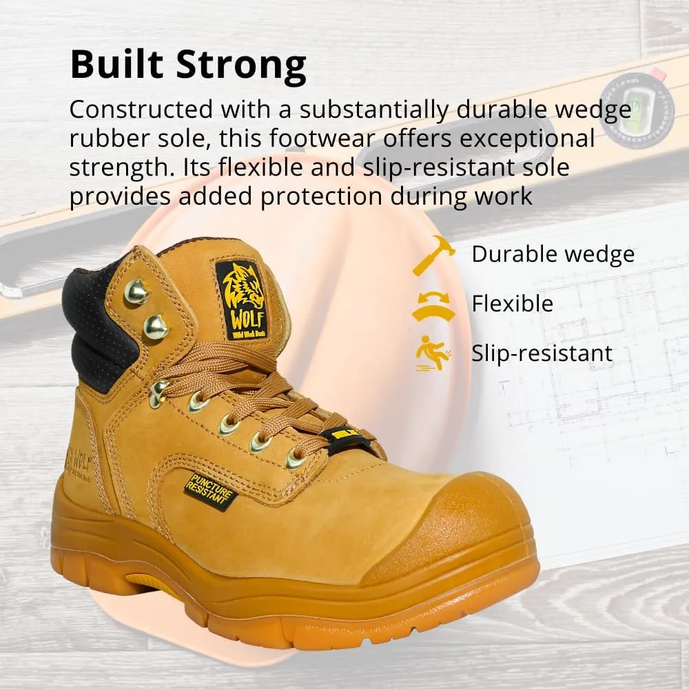 Wolf Work Boot | 100% Genuine Upper Leather | Oil, Heat, Chemical, Impact | Electrical Hazards | Non-Slip Rubber Sole | Tan Nubuck Plain Toe | Padded Collar | Construction | Industrial PPE