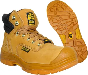 Wolf Work Boot | 100% Genuine Upper Leather | Oil, Heat, Chemical, Impact | Electrical Hazards | Non-Slip Rubber Sole | Tan Nubuck Plain Toe | Padded Collar | Construction | Industrial PPE