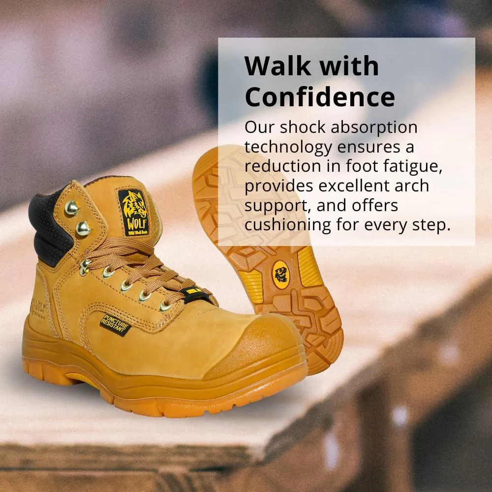 Wolf Work Boot | 100% Genuine Upper Leather | Oil, Heat, Chemical, Impact | Electrical Hazards | Non-Slip Rubber Sole | Tan Nubuck Plain Toe | Padded Collar | Construction | Industrial PPE