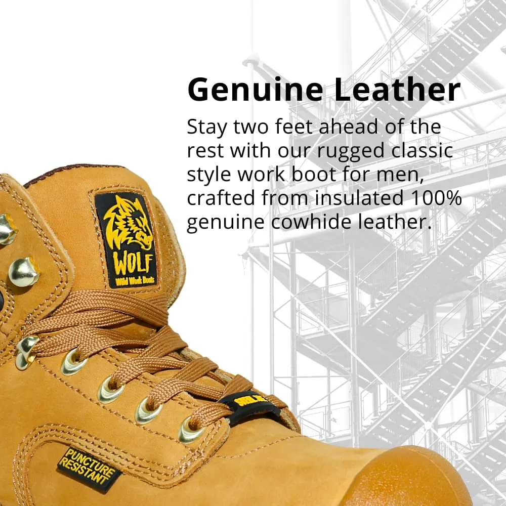 Wolf Work Boot | 100% Genuine Upper Leather | Oil, Heat, Chemical, Impact | Electrical Hazards | Non-Slip Rubber Sole | Tan Nubuck Plain Toe | Padded Collar | Construction | Industrial PPE