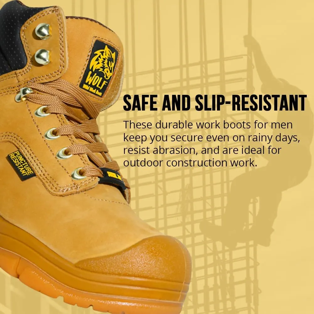 Wolf Work Boot | 100% Genuine Upper Leather | Oil, Heat, Chemical, Impact | Electrical Hazards | Non-Slip Rubber Sole | Tan Nubuck Plain Toe | Padded Collar | Construction | Industrial PPE