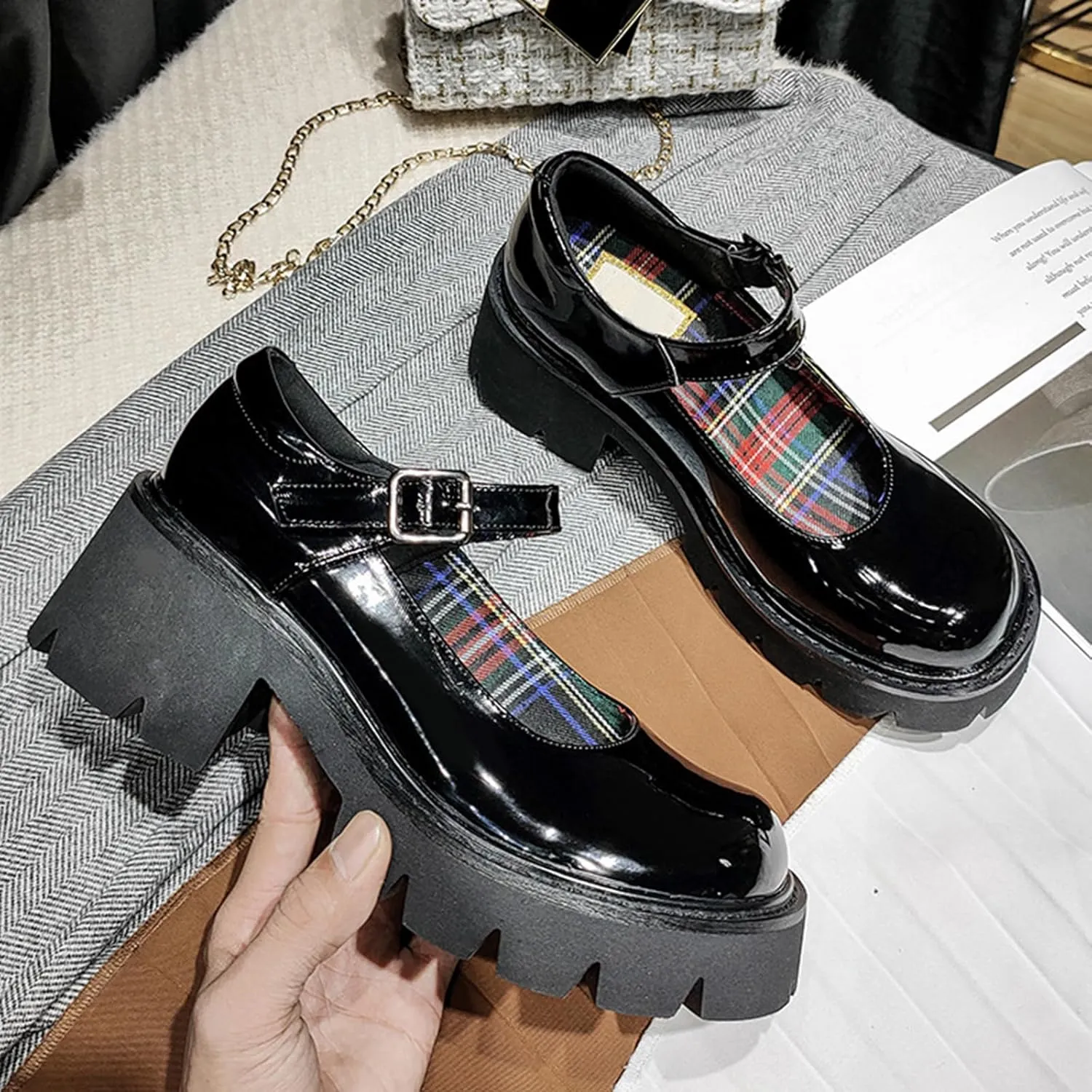 Women Chunky Platform Mary Jane Shoes Retro Buckle Strap Round Toe Flats Shallow Mouth Japanese Sweet Lolita Princess Shoes
