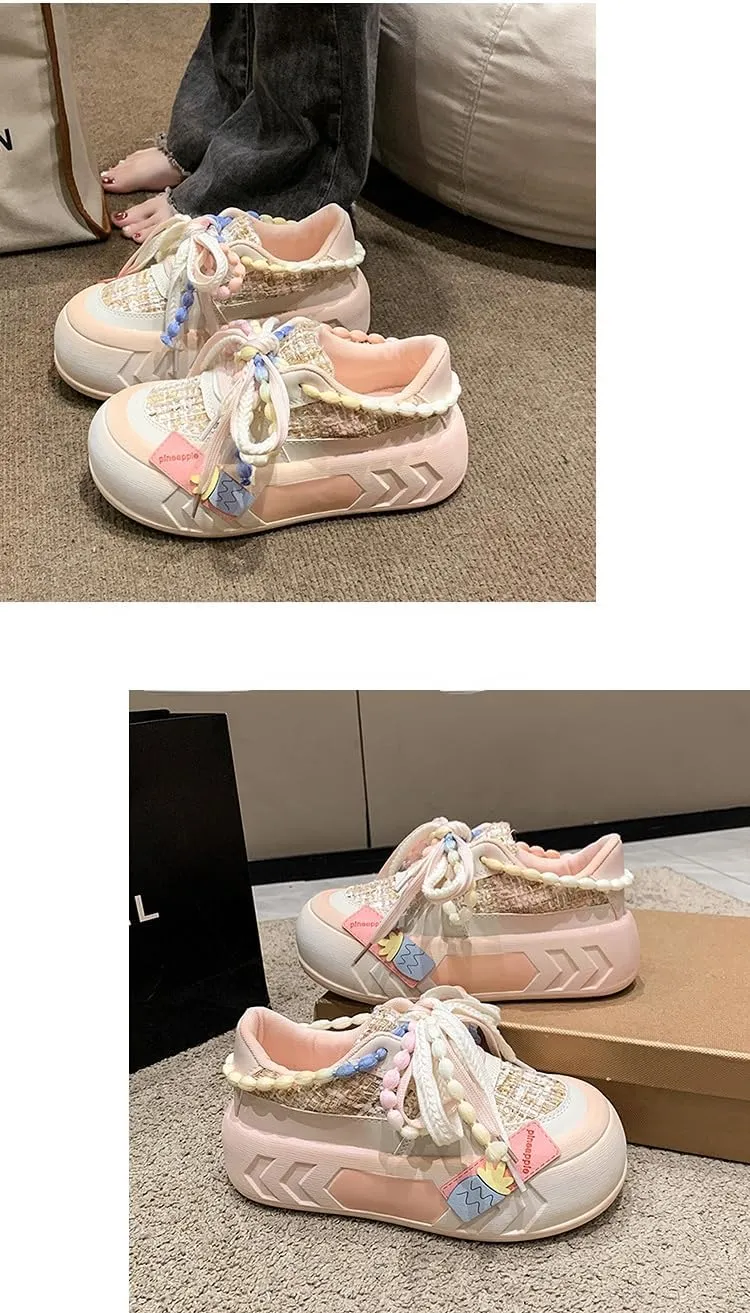 Women Kawaii Shoes Y2k Shoes Walking Sneakers Women Platform Chunky Cute Linen Thick Roundhead Rave Shoes Travel