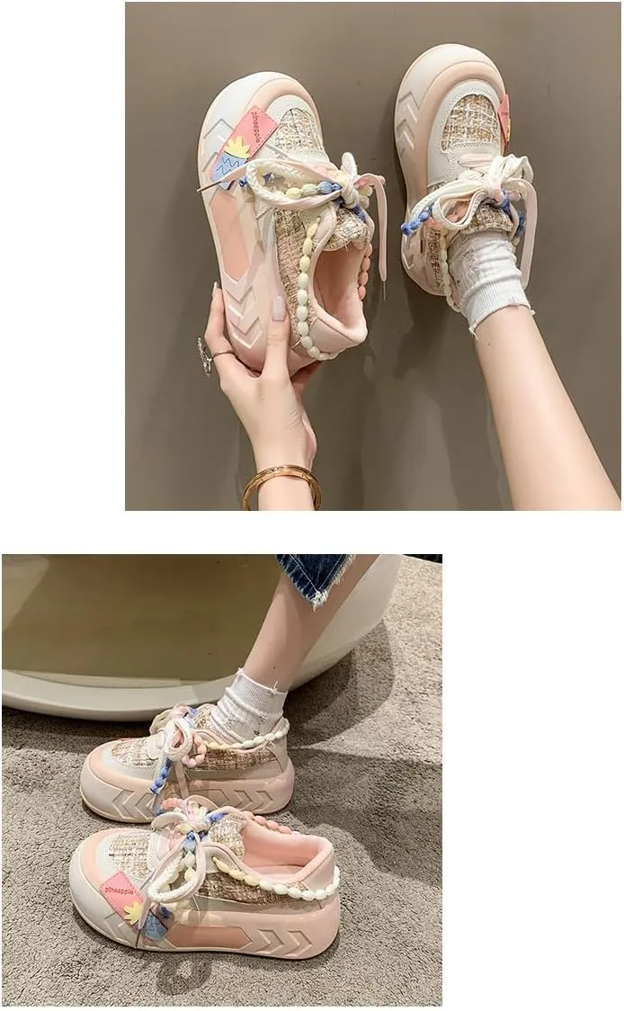 Women Kawaii Shoes Y2k Shoes Walking Sneakers Women Platform Chunky Cute Linen Thick Roundhead Rave Shoes Travel