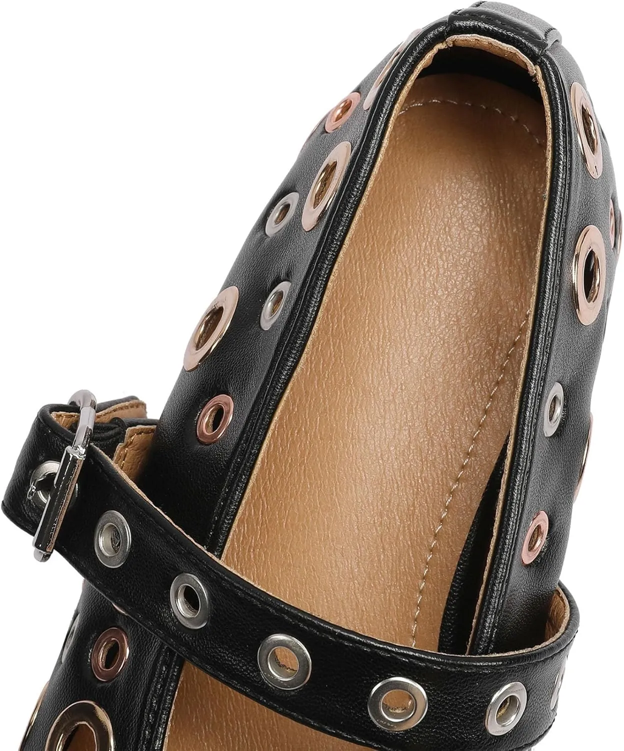 Women Perforated Ballet Flats with Buckle Strap Mesh Mary Jane Shoes Comfortable Ballerina for Casual Daily Dress