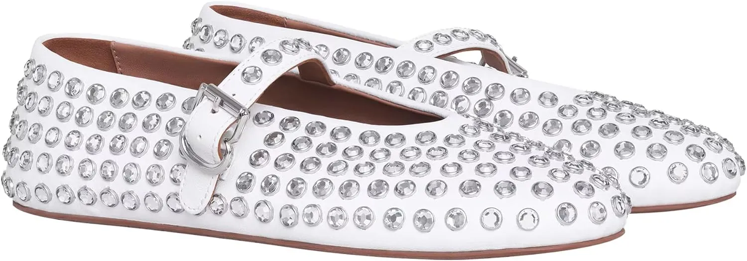 Women Rhinestone Ballet Flats Mary Jane Flat Buckle Strap Ballerina Shoes