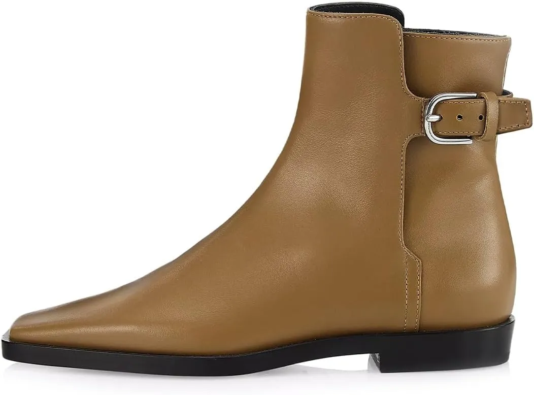 Women Square Closed Toe Flats Ankle Boot Strap Buckle Low Heel Short Booties Office Business Formal Shoe Size 4-16 US