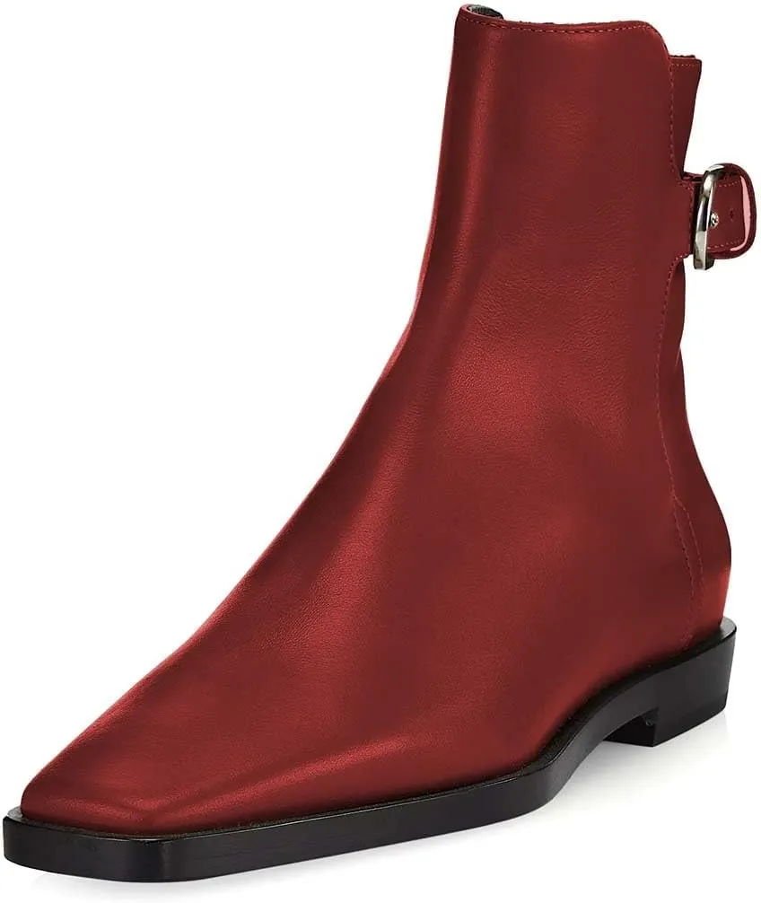 Women Square Closed Toe Flats Ankle Boot Strap Buckle Low Heel Short Booties Office Business Formal Shoe Size 4-16 US