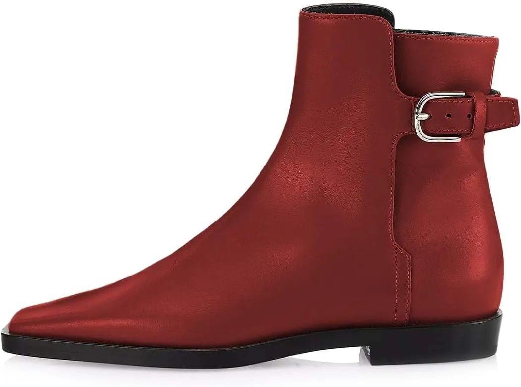Women Square Closed Toe Flats Ankle Boot Strap Buckle Low Heel Short Booties Office Business Formal Shoe Size 4-16 US