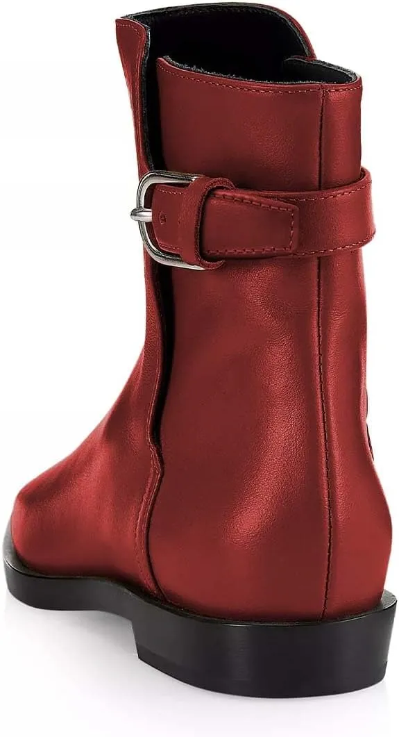 Women Square Closed Toe Flats Ankle Boot Strap Buckle Low Heel Short Booties Office Business Formal Shoe Size 4-16 US