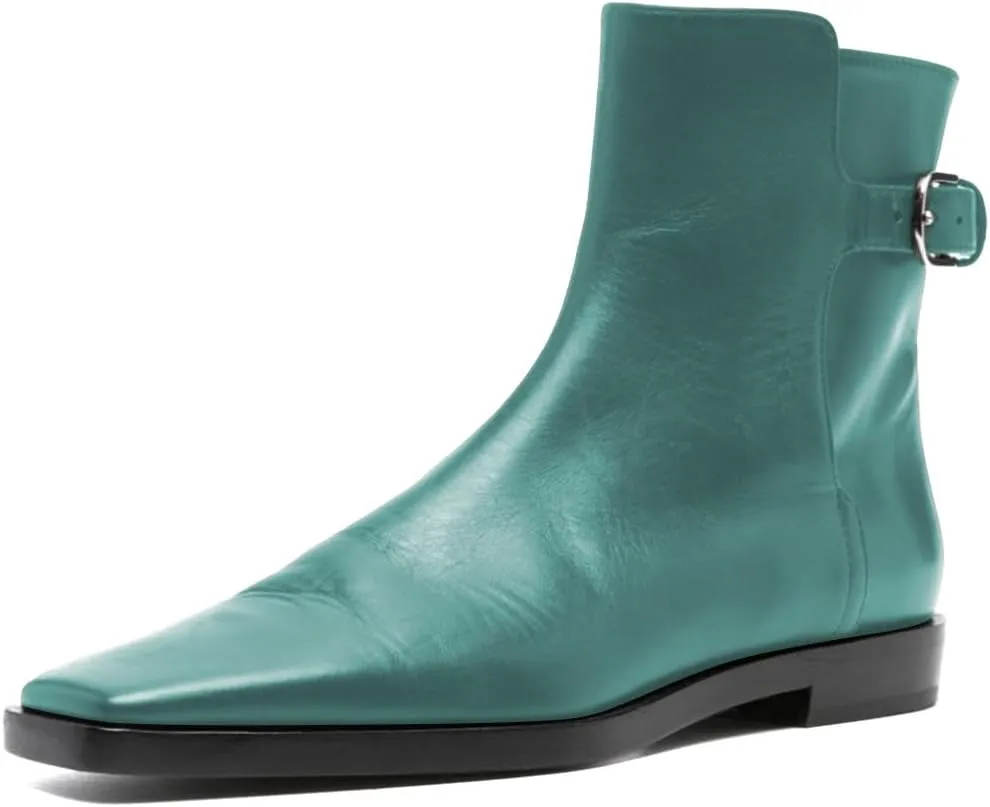 Women Square Closed Toe Flats Ankle Boot Strap Buckle Low Heel Short Booties Office Business Formal Shoe Size 4-16 US