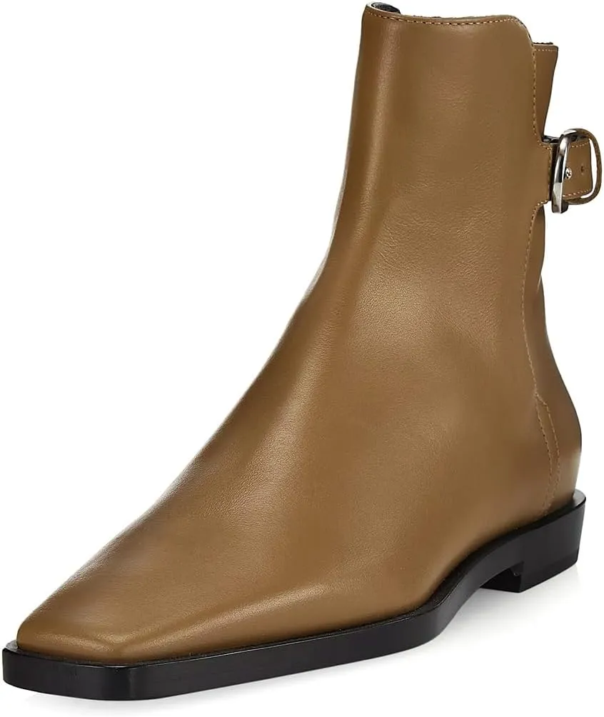 Women Square Closed Toe Flats Ankle Boot Strap Buckle Low Heel Short Booties Office Business Formal Shoe Size 4-16 US
