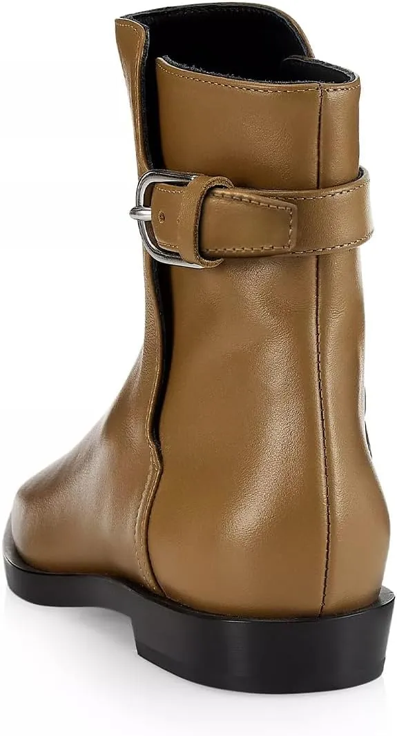 Women Square Closed Toe Flats Ankle Boot Strap Buckle Low Heel Short Booties Office Business Formal Shoe Size 4-16 US