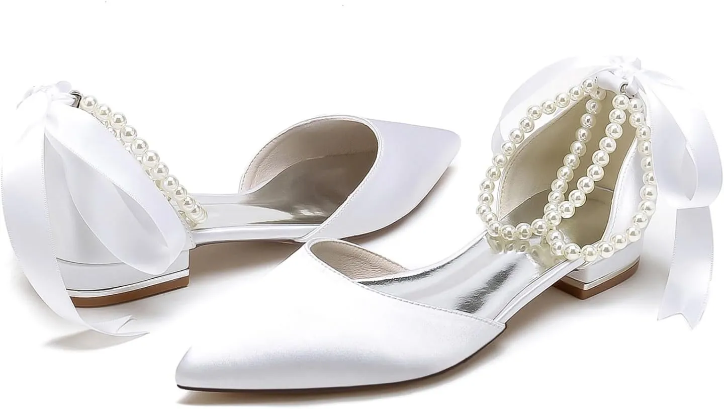 Women Wedding Satin Flats Pearls Shoes for Bride Pointed Toe Prom Evening Bridal Party Dress Flats 2.5Cm