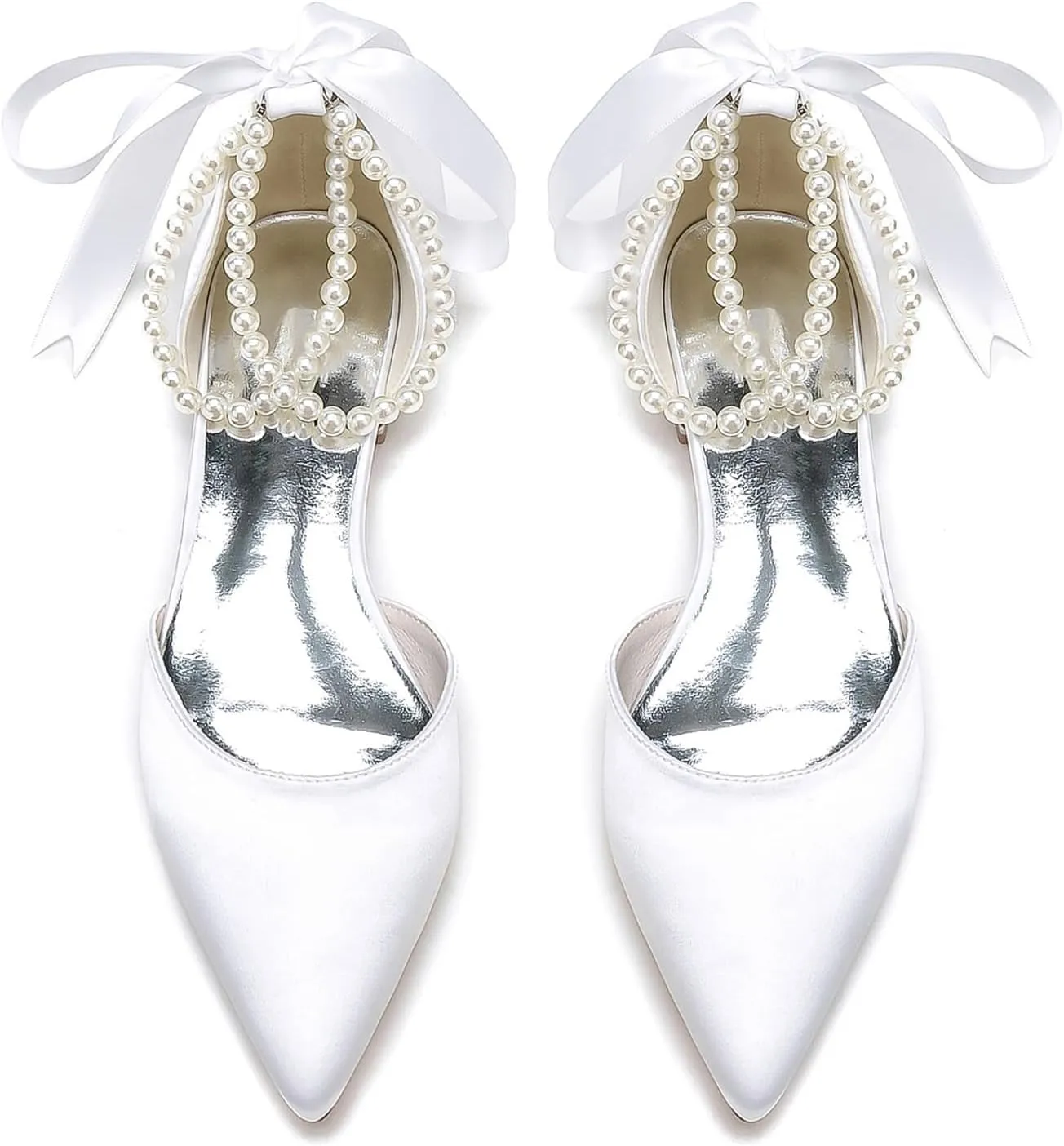 Women Wedding Satin Flats Pearls Shoes for Bride Pointed Toe Prom Evening Bridal Party Dress Flats 2.5Cm