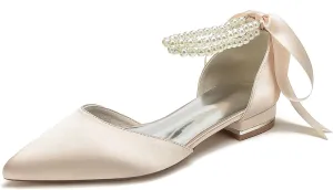 Women Wedding Satin Flats Pearls Shoes for Bride Pointed Toe Prom Evening Bridal Party Dress Flats 2.5Cm