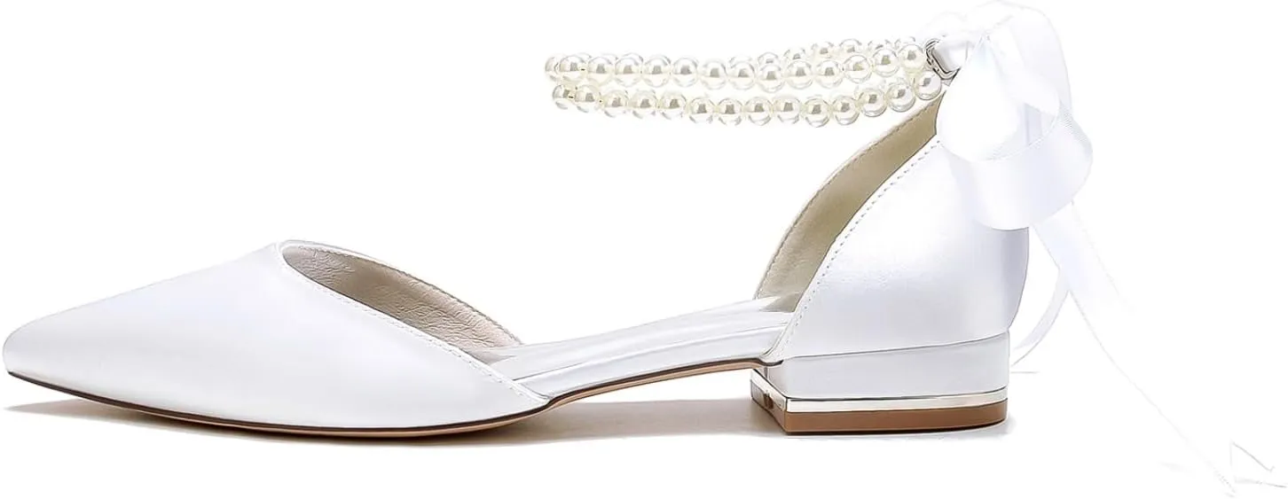 Women Wedding Satin Flats Pearls Shoes for Bride Pointed Toe Prom Evening Bridal Party Dress Flats 2.5Cm