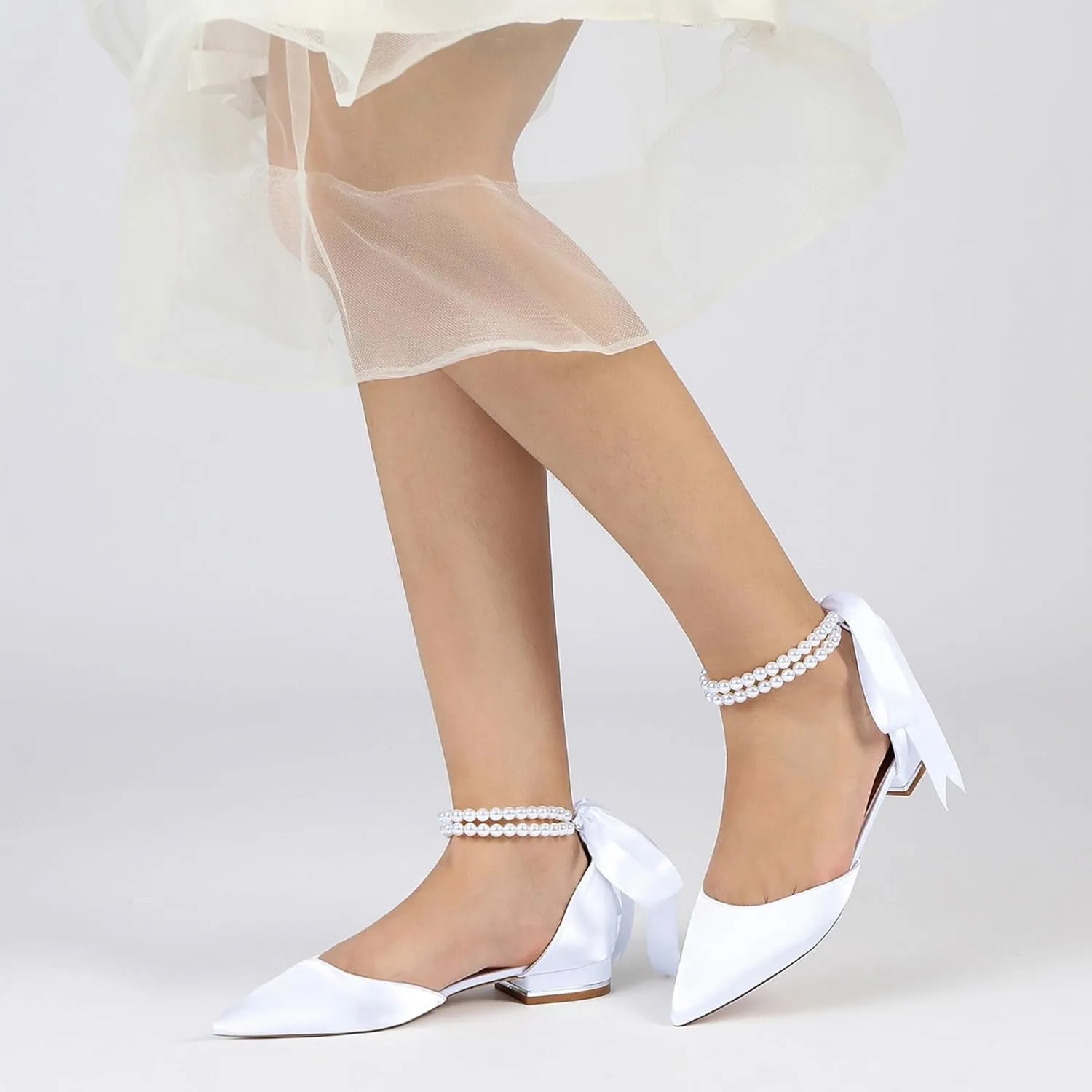 Women Wedding Satin Flats Pearls Shoes for Bride Pointed Toe Prom Evening Bridal Party Dress Flats 2.5Cm