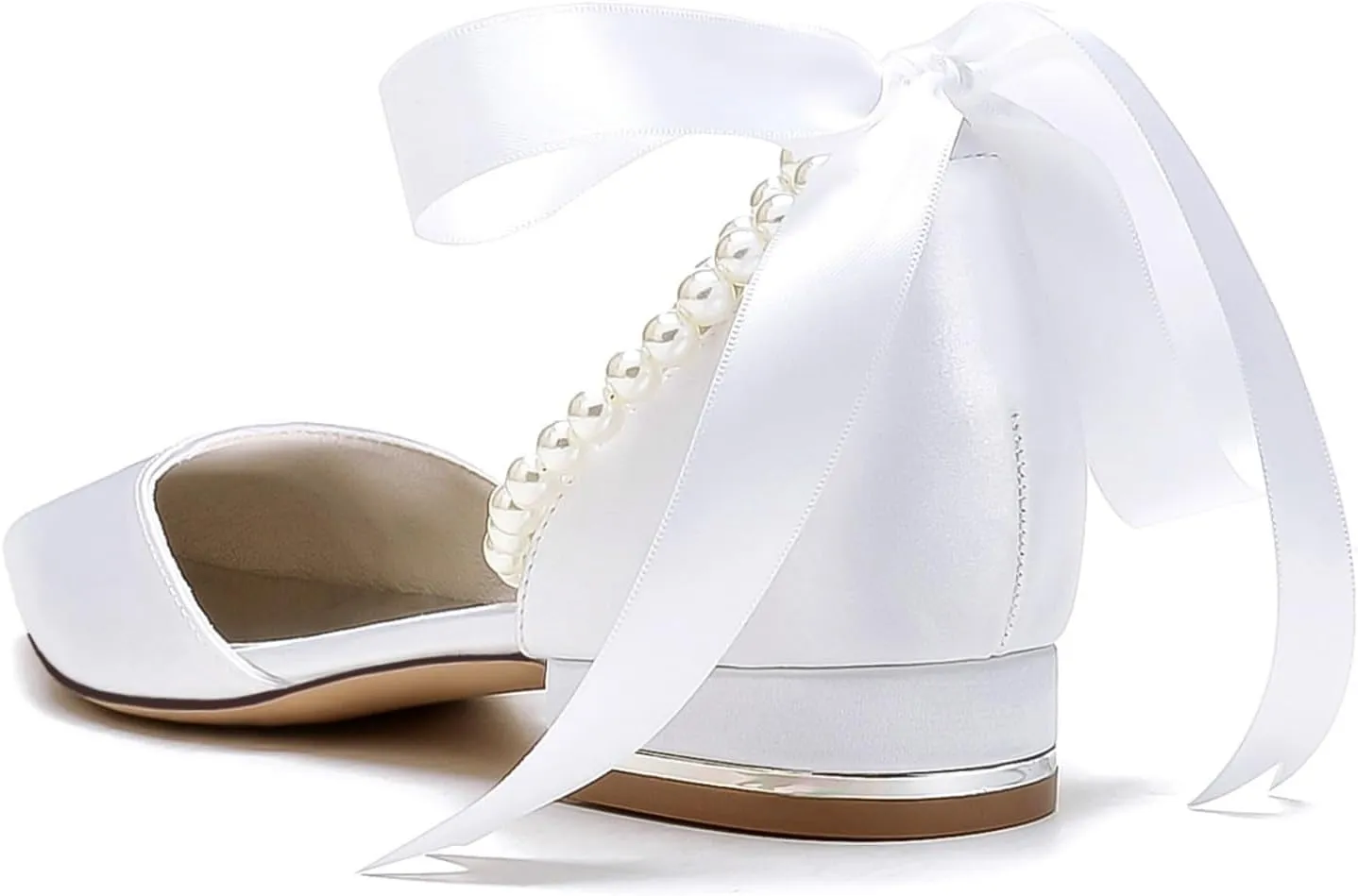 Women Wedding Satin Flats Pearls Shoes for Bride Pointed Toe Prom Evening Bridal Party Dress Flats 2.5Cm