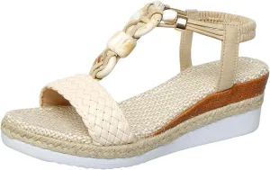 Women's Beige Woven Wedge Sandals – Braided Ankle Strap with Chain Accent – Eco-Chic Summer Casual Shoes