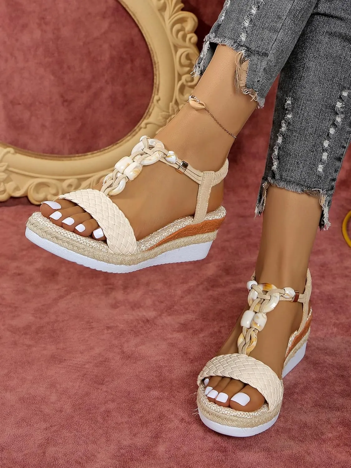Women's Beige Woven Wedge Sandals – Braided Ankle Strap with Chain Accent – Eco-Chic Summer Casual Shoes