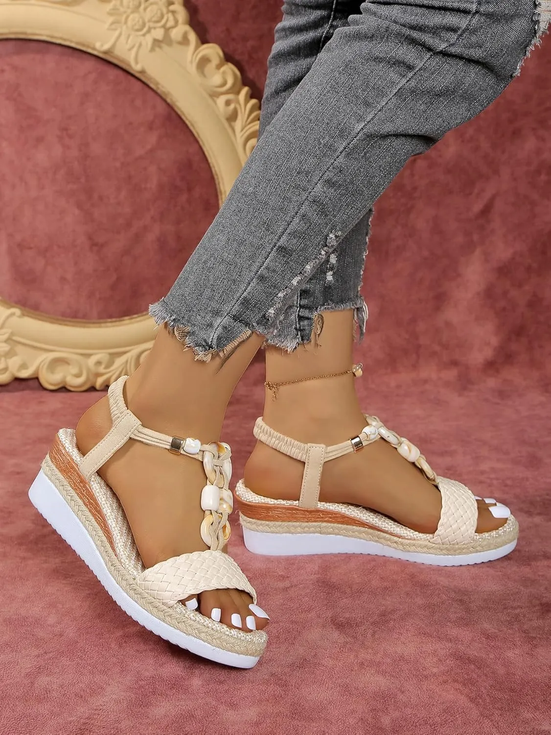 Women's Beige Woven Wedge Sandals – Braided Ankle Strap with Chain Accent – Eco-Chic Summer Casual Shoes