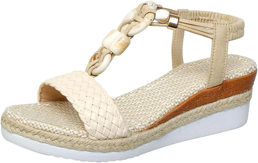 Women's Beige Woven Wedge Sandals – Braided Ankle Strap with Chain Accent – Eco-Chic Summer Casual Shoes