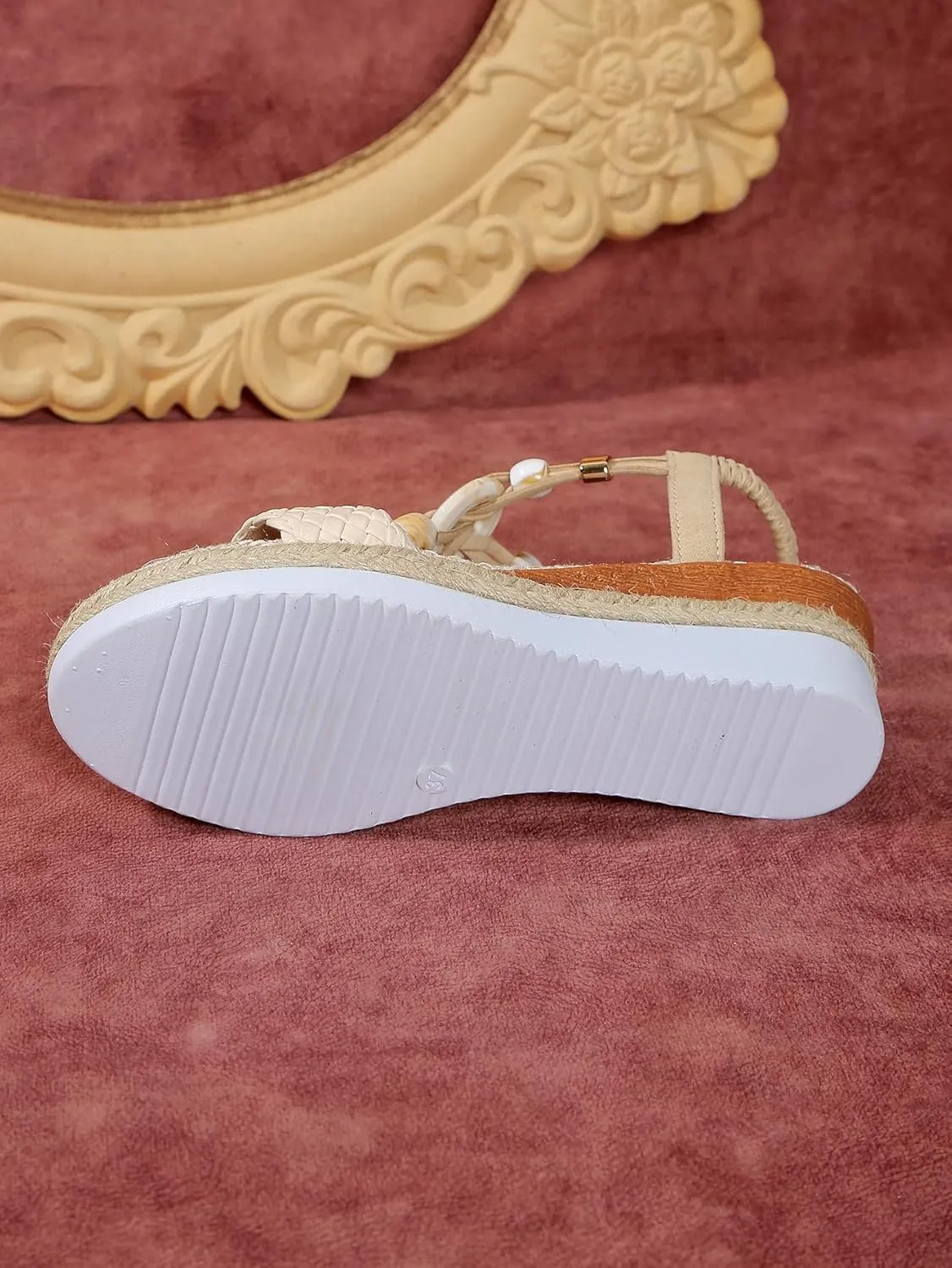 Women's Beige Woven Wedge Sandals – Braided Ankle Strap with Chain Accent – Eco-Chic Summer Casual Shoes