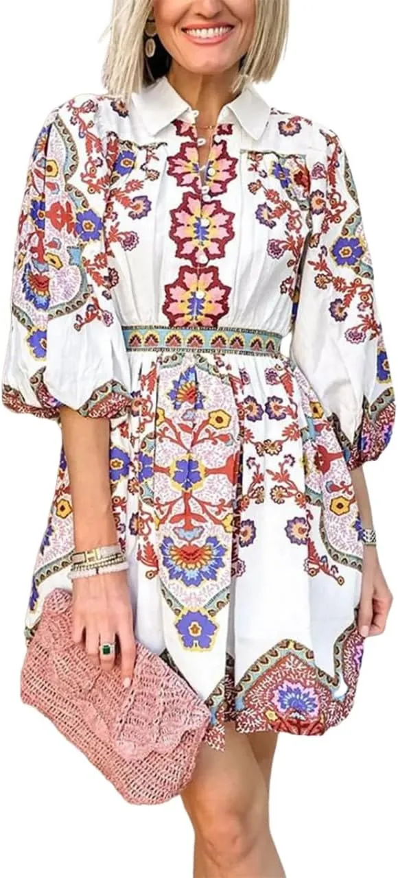 Women's Boho Chic Floral Print Button Up Shirt Dress with Elastic Waist and Pockets Stylish Summer Outfit Dress