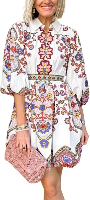 Women's Boho Chic Floral Print Button Up Shirt Dress with Elastic Waist and Pockets Stylish Summer Outfit Dress
