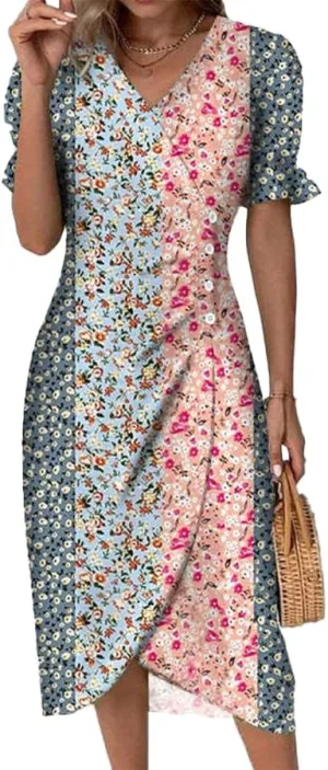 Womens Boho Floral Dresses V Neck Puff Short Sleeve Colorful Graphic Print Asymmetric Midi Dress Summer 2025