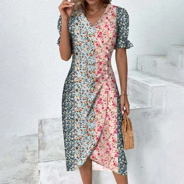 Womens Boho Floral Dresses V Neck Puff Short Sleeve Colorful Graphic Print Asymmetric Midi Dress Summer 2025