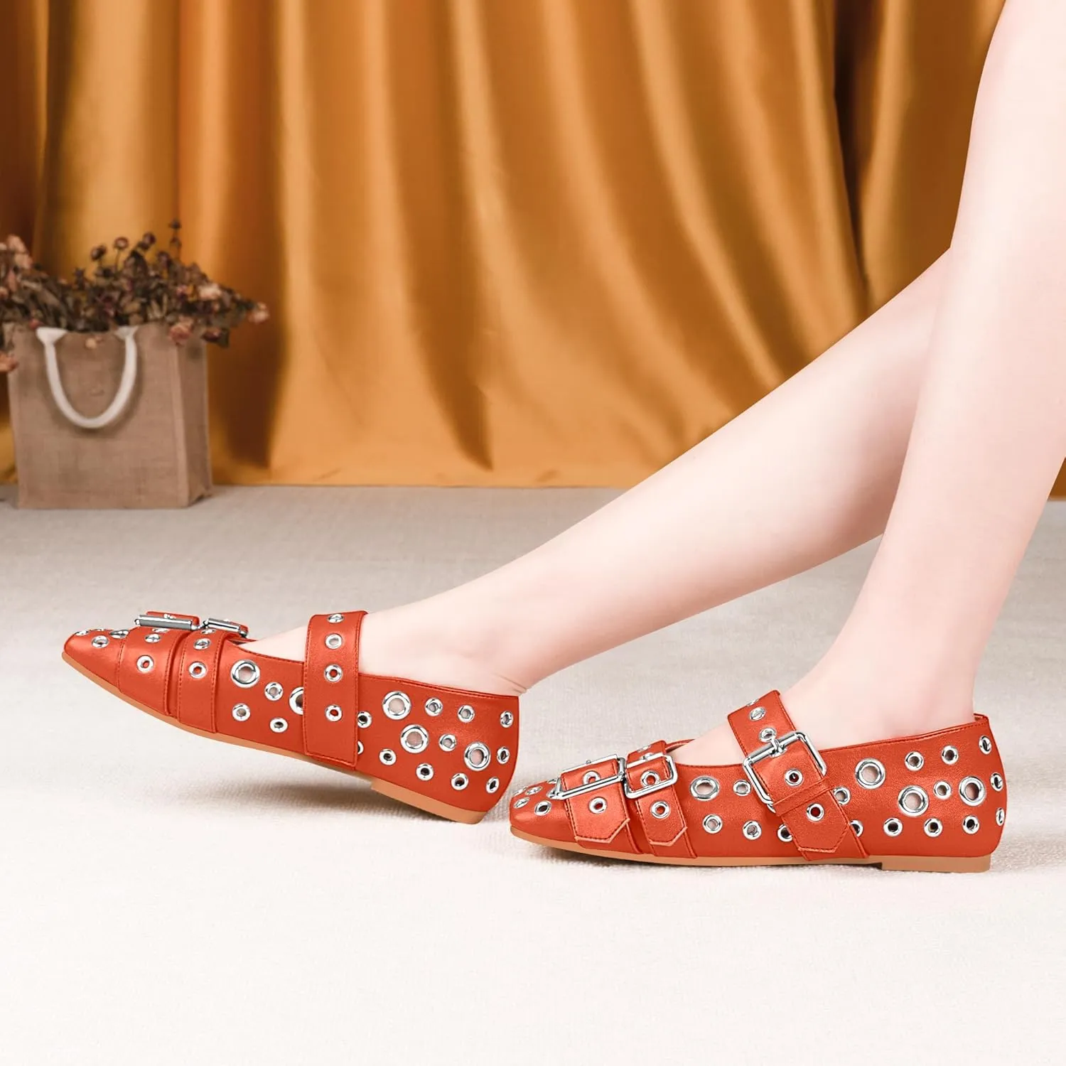Women's Buckle Strap Ballet Flats Metal Grommet Studded Mary Jane Shoes