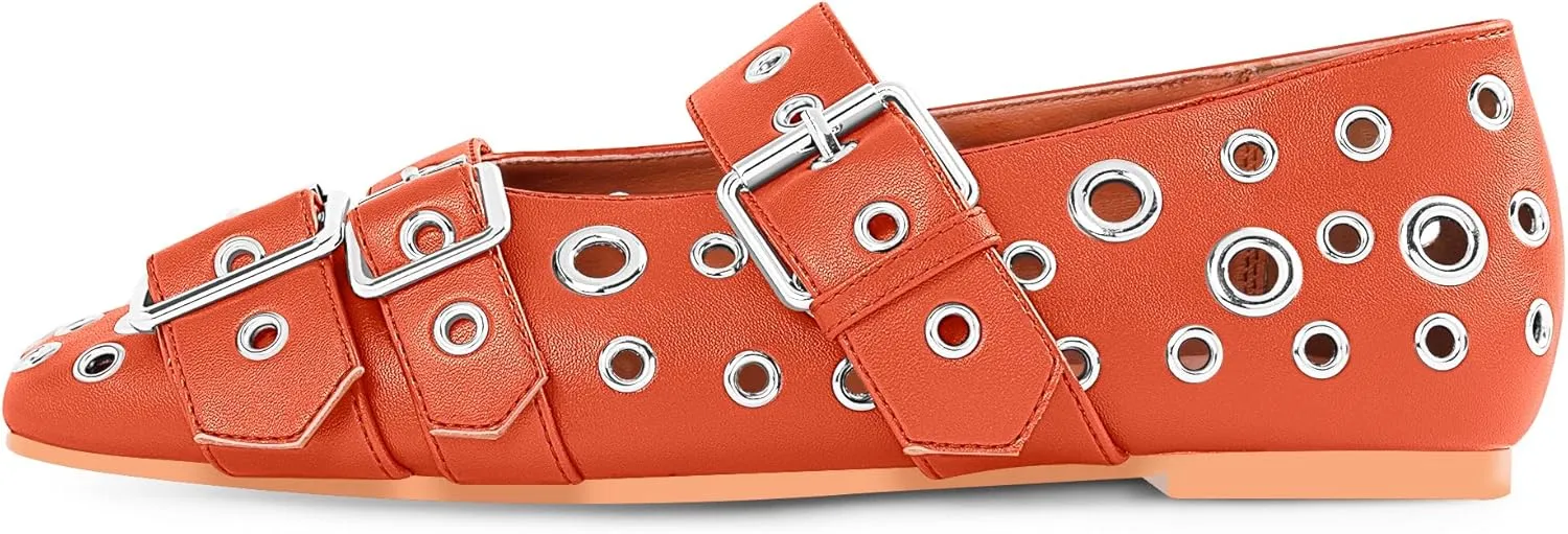 Women's Buckle Strap Ballet Flats Metal Grommet Studded Mary Jane Shoes