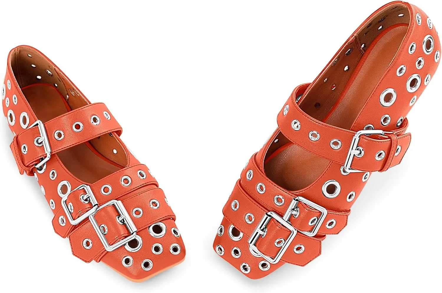 Women's Buckle Strap Ballet Flats Metal Grommet Studded Mary Jane Shoes