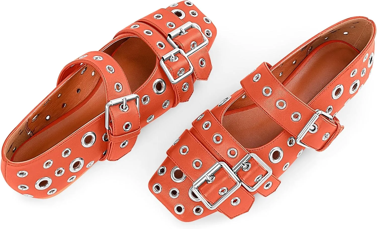 Women's Buckle Strap Ballet Flats Metal Grommet Studded Mary Jane Shoes