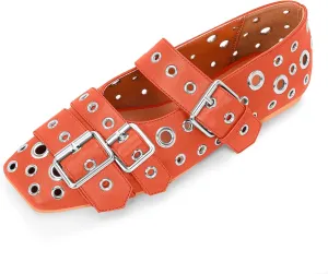Women's Buckle Strap Ballet Flats Metal Grommet Studded Mary Jane Shoes